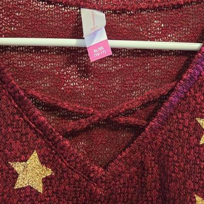 Red Lightweight Sweater with Gold Stars Top