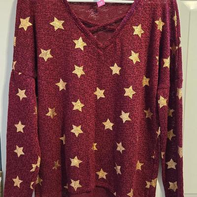 Red Lightweight Sweater with Gold Stars Top