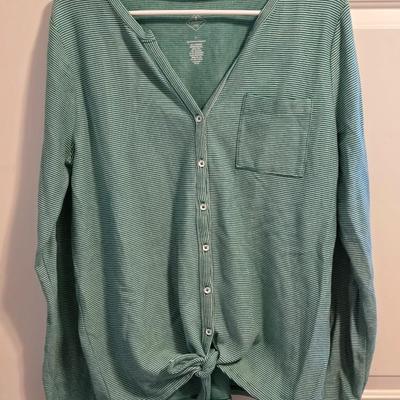 St. John's Bay Green & White Stripe Button Down Top