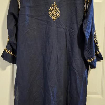 Lightweight Tan Embroidered Navy Top