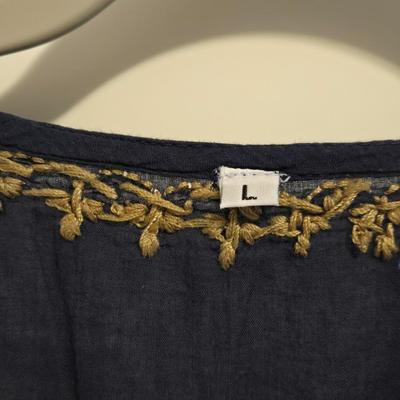 Lightweight Tan Embroidered Navy Top