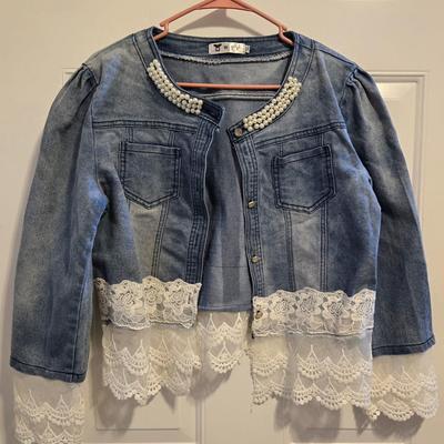 Denim Jacket with Lace & Pearl Trim