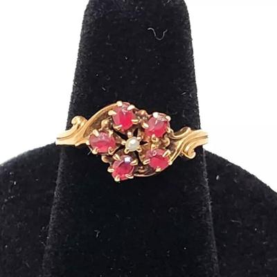 Antique Ruby & Seed Pearl Flower 10K Yellow Gold Ring