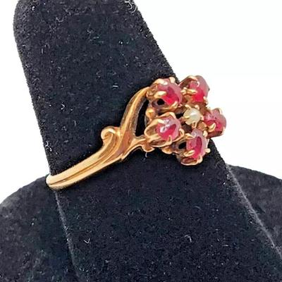 Antique Ruby & Seed Pearl Flower 10K Yellow Gold Ring