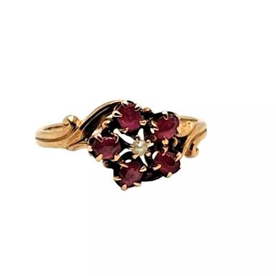 Antique Ruby & Seed Pearl Flower 10K Yellow Gold Ring
