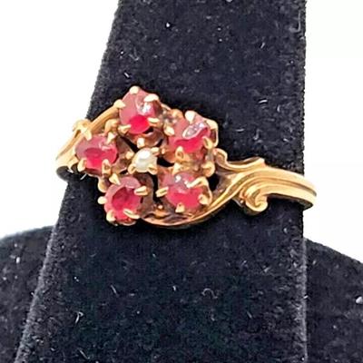 Antique Ruby & Seed Pearl Flower 10K Yellow Gold Ring