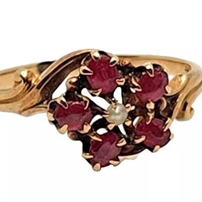 Antique Ruby & Seed Pearl Flower 10K Yellow Gold Ring