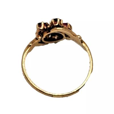 Antique Ruby & Seed Pearl Flower 10K Yellow Gold Ring