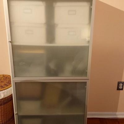 4 Shelf Storage Cabinet (Frosted Doors) and Laundry storage basket