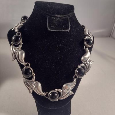 Sterling Silver and Onyx Necklace- 16" Long- Approx Weight 60 Grams (#300)