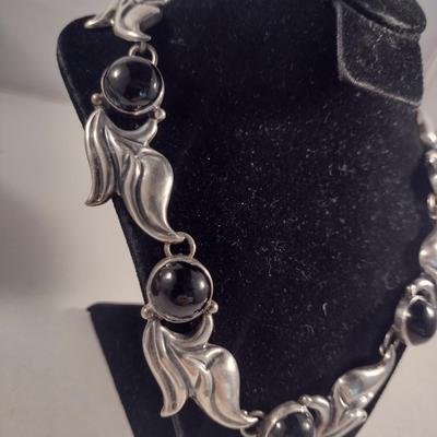 Sterling Silver and Onyx Necklace- 16" Long- Approx Weight 60 Grams (#300)
