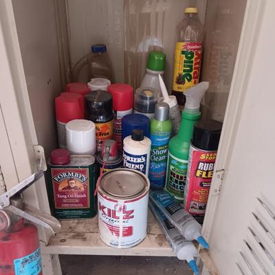 MOSTLY HOUSEHOLD CHEMICALS AND CANS OF SPRAY PAINT