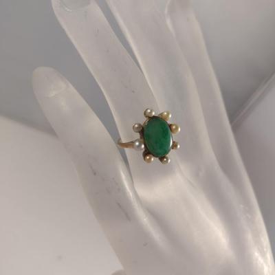14 Karat Yellow Gold, Pearl, and Green Stone Ring- Approx Weight 4 Grams (#318)