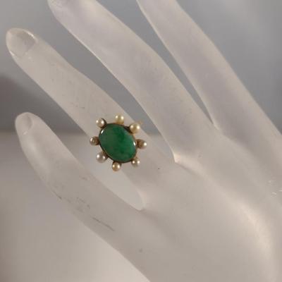 14 Karat Yellow Gold, Pearl, and Green Stone Ring- Approx Weight 4 Grams (#318)