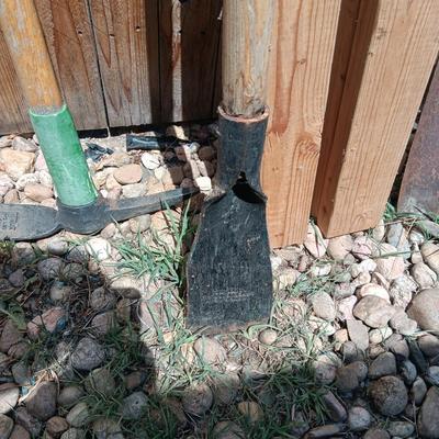 NICE PICK AXE, SAWHORSE LEGS, SPUD BAR, SHOVELS AND LOPERS