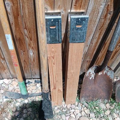 NICE PICK AXE, SAWHORSE LEGS, SPUD BAR, SHOVELS AND LOPERS