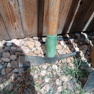 NICE PICK AXE, SAWHORSE LEGS, SPUD BAR, SHOVELS AND LOPERS
