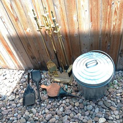 LIKE NEW FIREPLACE TOOLS, BELLOW, ASH CAN AND COAL SHOVELS