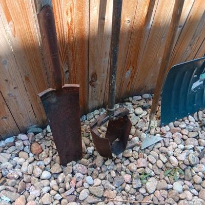 PRIMATIVE SHOVEL AND OTHER YARD TOOLS
