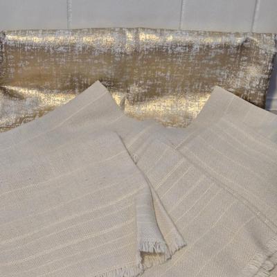 Gold & White Tablecloth and Tan With Golden Yellow Stripes Napkins