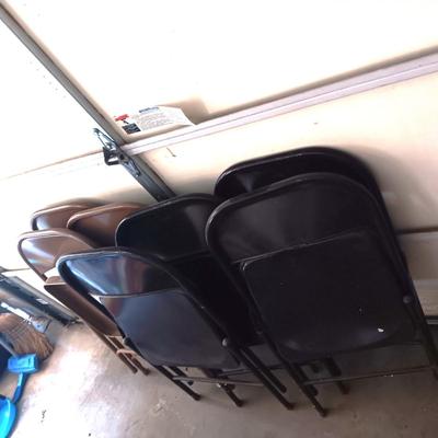 7 FOLDING CHAIRS, METAL TRUNK AND A VINTAGE WOODEN CHAIR