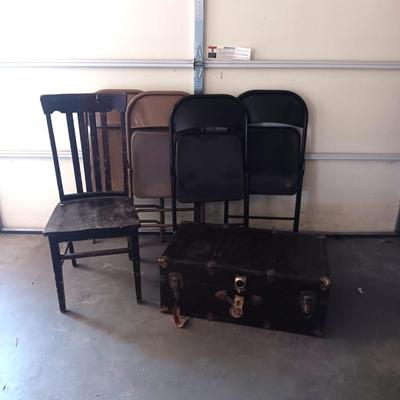 7 FOLDING CHAIRS, METAL TRUNK AND A VINTAGE WOODEN CHAIR