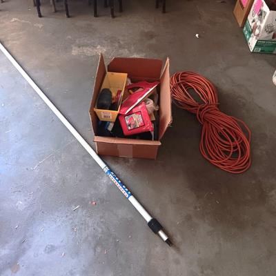 BOX FULL OF HOUSE PAINTING SUPPLIES, EXTENSION POLE AND AN EXTENSION CORD