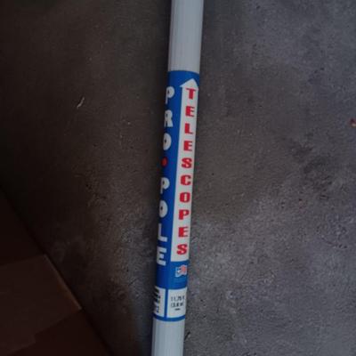 BOX FULL OF HOUSE PAINTING SUPPLIES, EXTENSION POLE AND AN EXTENSION CORD