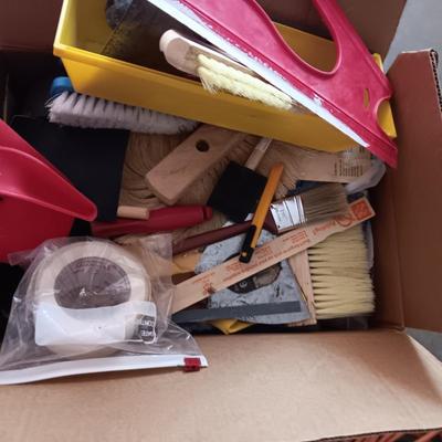BOX FULL OF HOUSE PAINTING SUPPLIES, EXTENSION POLE AND AN EXTENSION CORD