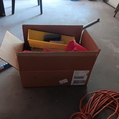 BOX FULL OF HOUSE PAINTING SUPPLIES, EXTENSION POLE AND AN EXTENSION CORD