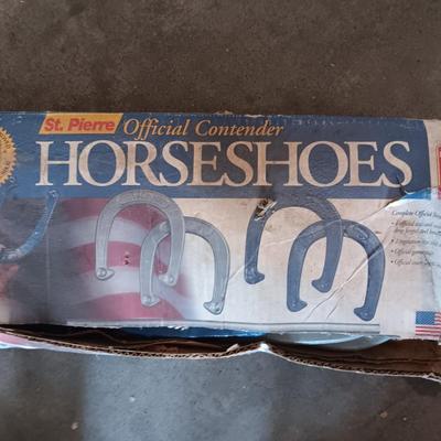 OFFICIAL CONTENDER HORSESHOES, STAKED BICYCLE YARD ART AND SHORT PLANT STAND