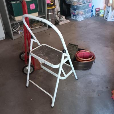 STEP STOOL, SMALL DOLLY, AMMO BOX, METAL TUB AND 2 BUSHEL BASKETS