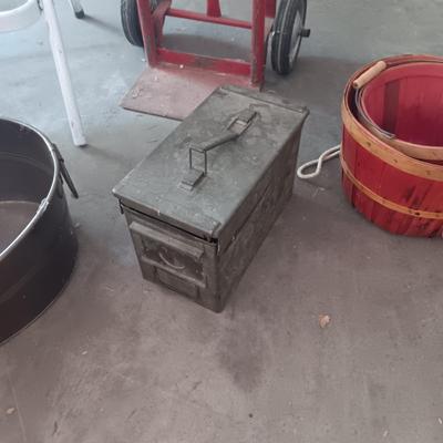 STEP STOOL, SMALL DOLLY, AMMO BOX, METAL TUB AND 2 BUSHEL BASKETS