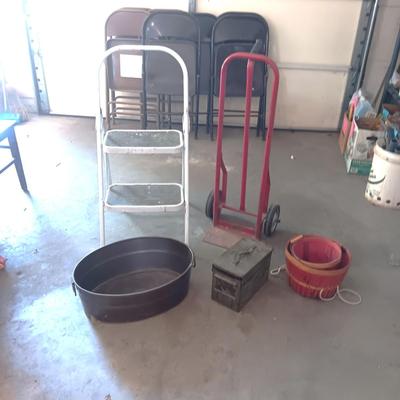 STEP STOOL, SMALL DOLLY, AMMO BOX, METAL TUB AND 2 BUSHEL BASKETS