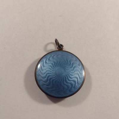 Antique Blue Guilloche Pill/Compact Box Pendant (#341)