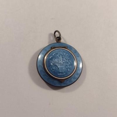 Antique Blue Guilloche Pill/Compact Box Pendant (#341)