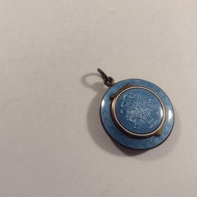 Antique Blue Guilloche Pill/Compact Box Pendant (#341)