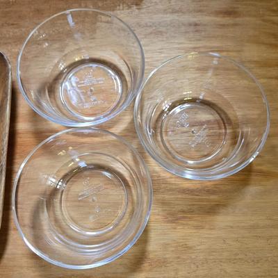 Small Wood Serving Platter and 3 Clear Bowls