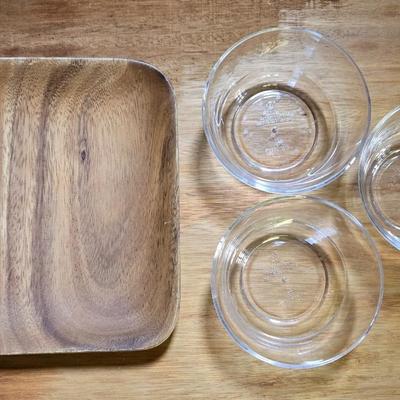 Small Wood Serving Platter and 3 Clear Bowls