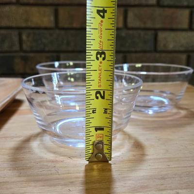 Small Wood Serving Platter and 3 Clear Bowls
