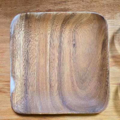 Small Wood Serving Platter and 3 Clear Bowls