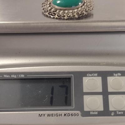 Sterling Silver and Green Stone Filigree Brooch- Approx Weight 17 Grams (#357)