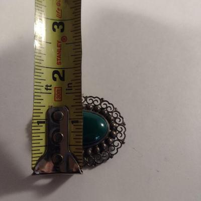 Sterling Silver and Green Stone Filigree Brooch- Approx Weight 17 Grams (#357)