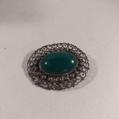 Sterling Silver and Green Stone Filigree Brooch- Approx Weight 17 Grams (#357)