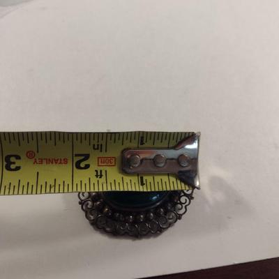 Sterling Silver and Green Stone Filigree Brooch- Approx Weight 17 Grams (#357)