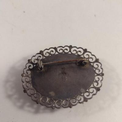 Sterling Silver and Green Stone Filigree Brooch- Approx Weight 17 Grams (#357)