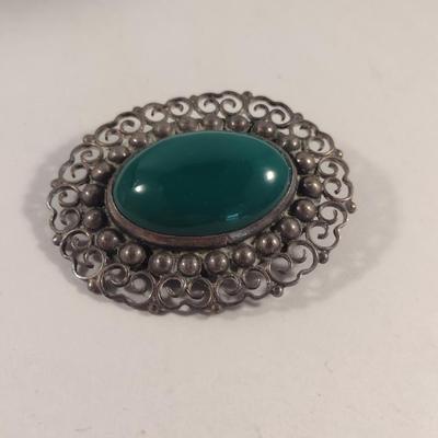 Sterling Silver and Green Stone Filigree Brooch- Approx Weight 17 Grams (#357)
