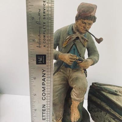 Antique carved Shipwrecked boat and fisherman figure with framed boat artwork