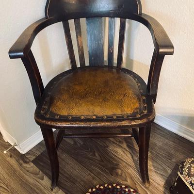 Neat Old Antique Leather Seated Captains Chair and fabric covered Ottoman