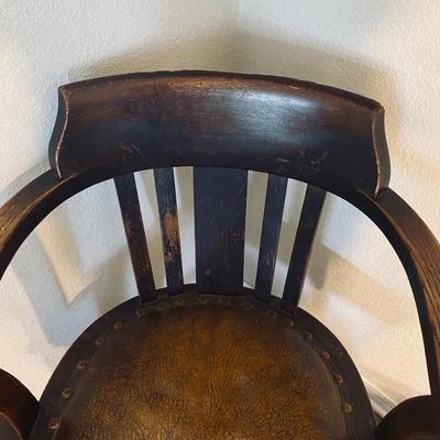 Neat Old Antique Leather Seated Captains Chair and fabric covered Ottoman
